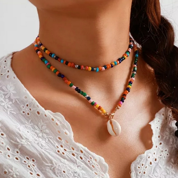 Rainbow Cowrie Bead Bohemian Shell Necklace - Picture 2 of 5